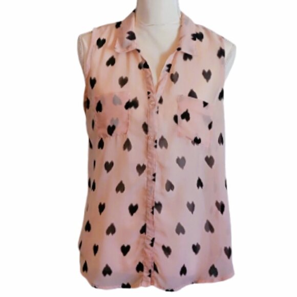 Fun & Flirt Sleeveless Flowy Blouse in Beige with Black Hearts in Size Large - Picture 1 of 5